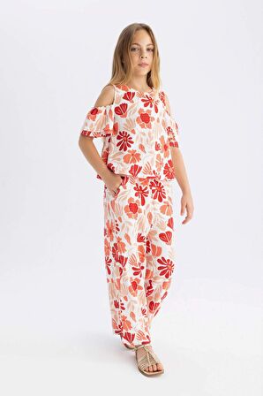 DeFacto Kız Çocuk Wide Leg Geniş Bol Paça Çiçekli Beli Lastikli Bürümcük Pantolon C5373A824SMRD116