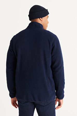 Erkek Lacivert Anti-pilling Tüylenme Yapmayan Standart Fit Bato Yaka Sweatshirt Polar Ceket