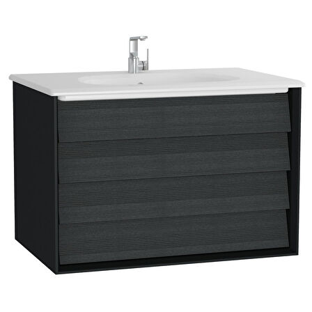 VitrA Frame 61229 Lavabo Dolabı, Çift Çekmeceli, Etajerli Lavabolu,80cm, Mat Soft-HareliSiyah