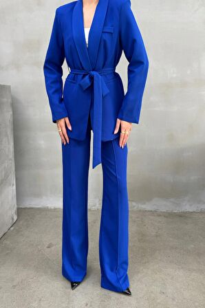 Koyu Mavi Kuşaklı Ceket Pantolon Takım