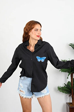 Butterfly Conversion Yazılı Unisex Kelebek Tasarım Cepli Gömlek