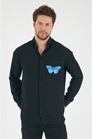 Butterfly Conversion Yazılı Unisex Kelebek Tasarım Cepli Gömlek
