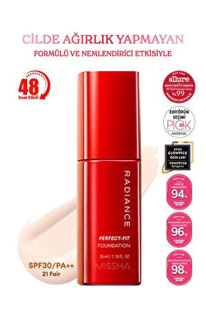 48 Saat Kalıcı Saten Fondöten 35ml SPF30+ Radiance Perfect Fit Foundation No.21 Fair