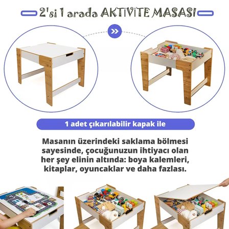 Minera Anka Montessori Ahşap Oyun ve Aktivite Masası ve Sandalyesi 0-6 Yaş (1 Masa + 2 Sandalye)