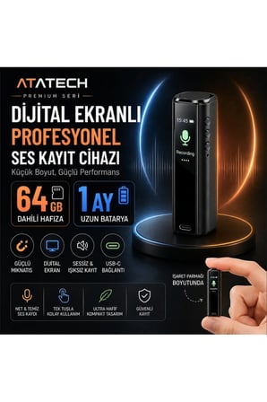 64GB Dijital Ekranlı Profesyonel Ses Kayıt Cihazı 1 Ay Bataryalı Mıknatıslı Mini Diktafon Usb-C Ses Kaydedici