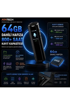 64GB Dijital Ekranlı Profesyonel Ses Kayıt Cihazı 1 Ay Bataryalı Mıknatıslı Mini Diktafon Usb-C Ses Kaydedici