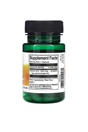 Swanson, Vitamin B12 Cyanocobalamin, 500 Mcg, 30  Kapsül