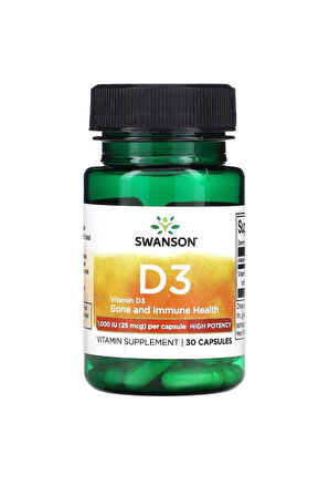 Swanson, Vitamin D3, High Potency, 1,000 IU (25 Mcg), 30 Kapsül