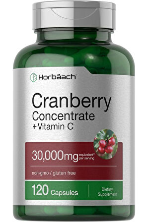 Horbäach Cranberry Concentrate Extract Pills + Vitamin C | 30,000 Mg | 120 Kapsül