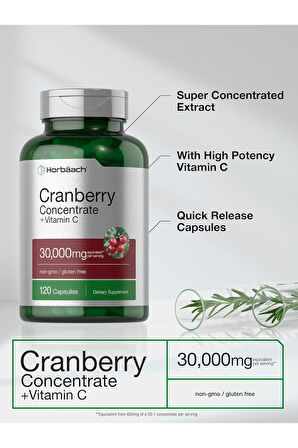 Horbäach Cranberry Concentrate Extract Pills + Vitamin C | 30,000 Mg | 120 Kapsül