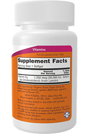 Now Foods Vitamin D3 Max Potency 50,000 IU 50 Softgels - İthal