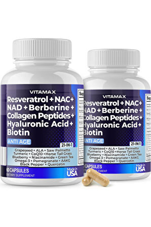 Vitamax Resveratrol + N.C + NAD + Berberine + Collegen Peptides + Hyaluronic Acid + Biy/otin   21 I