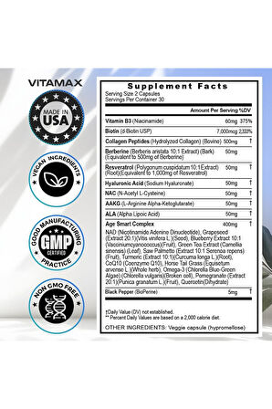 Vitamax Resveratrol + N.C + NAD + Berberine + Collegen Peptides + Hyaluronic Acid + Biy/otin   21 I