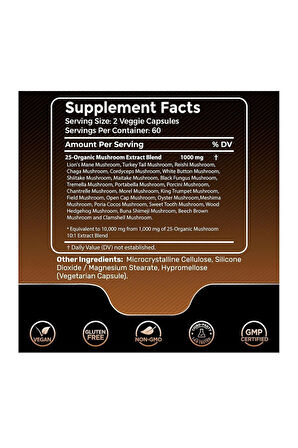 Wellness Labs Organic 25-in 1 Mushroom Complex 10,000 Mg -120 Kapsül