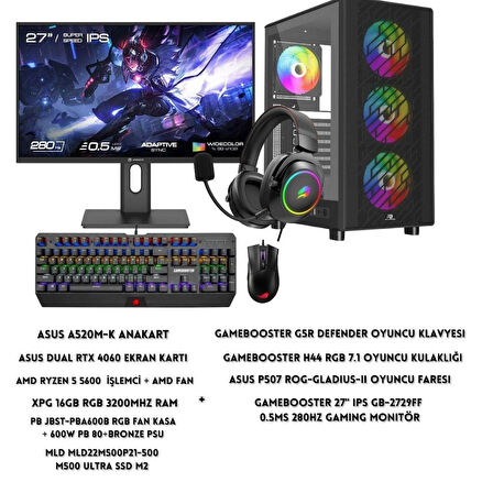 LYSERG PB A600B RGB Kasa Amd Ryzen 5 5600 16 GB Ram 500 GB SSD Asus Dual RTX 4060 W11 + Full Set