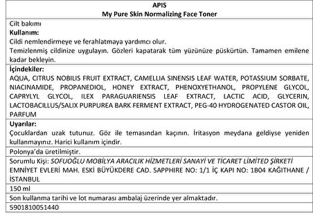 Cilt Dengeleyici Tonik - MY PURE SKIN - 150 Ml