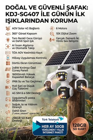 4 Kameralı - Solar Panelli  16000 Mah.  TURK TELEKOM  Yıllık Hat   HER AY 50GB  TT20
