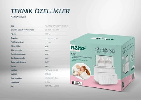 Neno Vita 5’i 1 Arada Sterilizatör ve Biberon Isıtıcı Süt Isıtma Çözündürme Fonksiyonlu