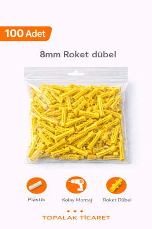 8Mm Plastik Dişli Sarı Roket Dübel 100 Adet