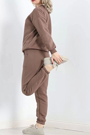 3 İplik Bisiklet Yaka Eşofman Takımı Kahve - 20779.1878.