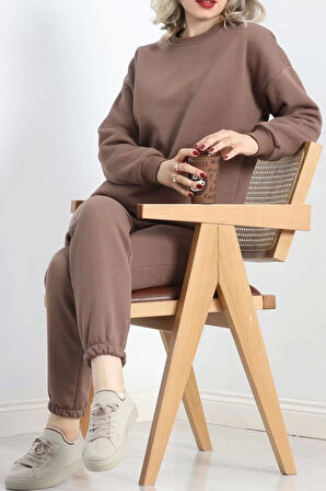 3 İplik Bisiklet Yaka Eşofman Takımı Kahve - 20779.1878.