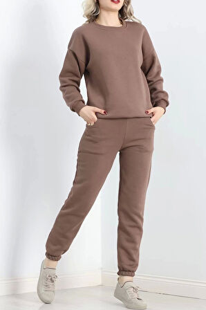 3 İplik Bisiklet Yaka Eşofman Takımı Kahve - 20779.1878.