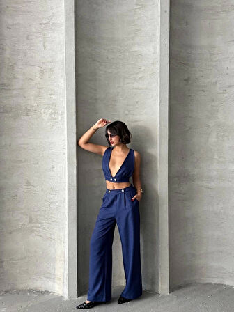 Crop pantolon keten takım s255012