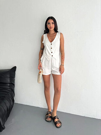 Kadın keten şort yelek takım s3461