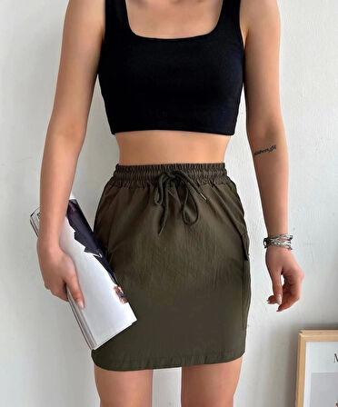 Kargo cep ince paraşüt etek haki s241019