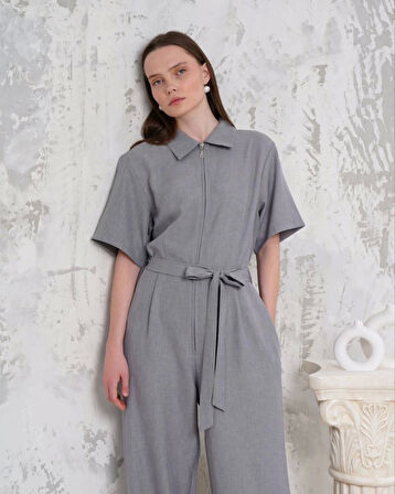 Kuşaklı gömlek yaka salaş tulum gri s255822