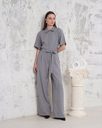 Kuşaklı gömlek yaka salaş tulum gri s255822