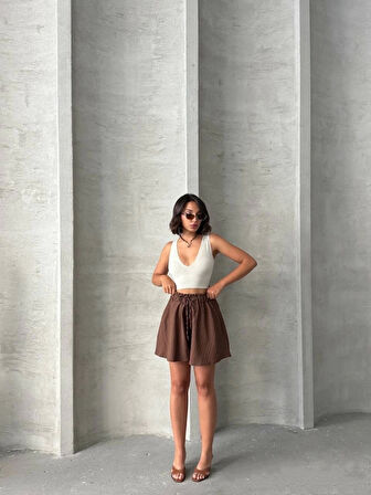 Volanlı keten şort kahve s255058