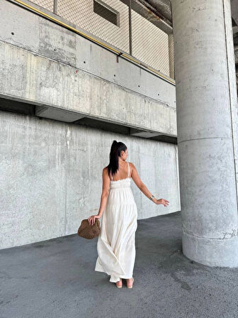 Dantelli askılı keten elbise s4310