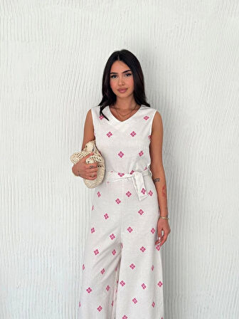 Sırt dekolteli keten beyaz tulum S1036