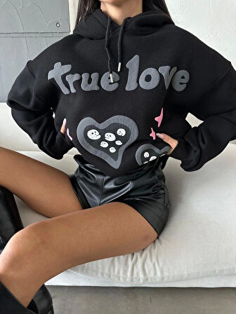 3 iplik şardonlu oversize compact true baskılı sweat siyah