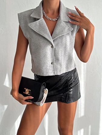 Önü çıtçıtlı cepli kaşe yelek gri f2253