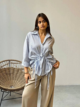 Önü büzgü detaylı çizgili gömlek