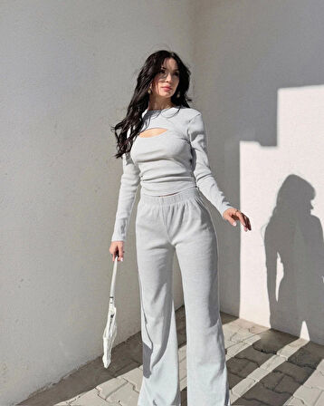 Pencereli detaylı alt üst takım gri w3864