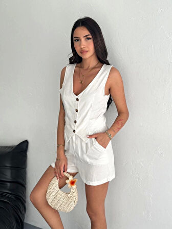 Kadın keten şort yelek takım s3461