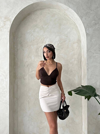 Önü büzgülü etek bej s24222