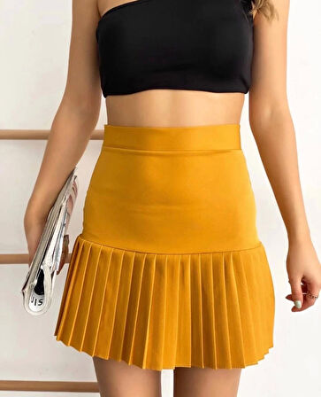 Altı pliseli mini etek hardal s24705