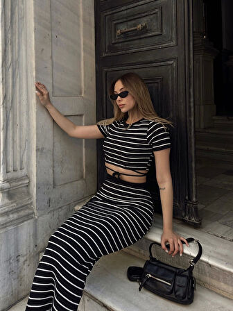 Çizgili etekli takım siyah s3609