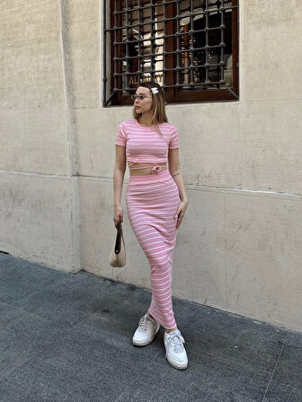 Çizgili etekli takım pembe s3609