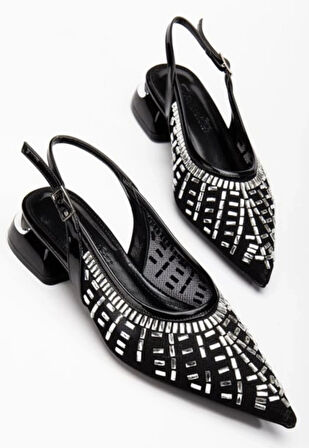 Piyar Siyah Taşlı Topuklu Ayakkabı