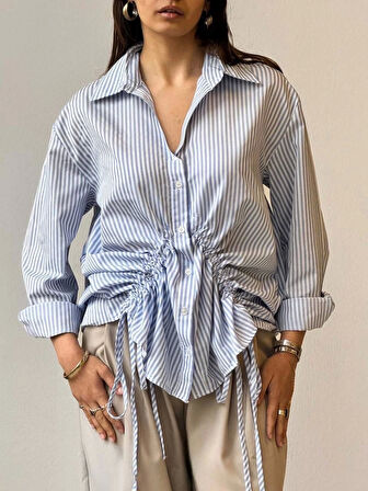Önü büzgü detaylı çizgili gömlek