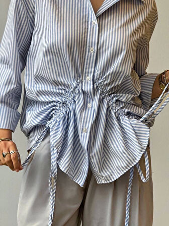 Önü büzgü detaylı çizgili gömlek