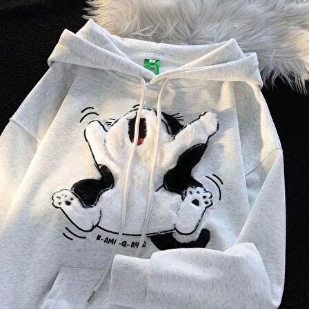 3 iplik şardonlu oversize compact peluş baskılı sweat beyaz