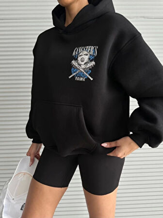 3 iplik şardonlu oversize compact kafa baskılı sweat siyah