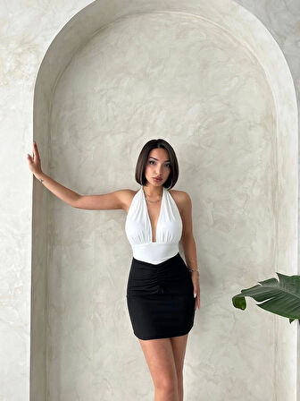 Önü büzgülü etek siyah s24222