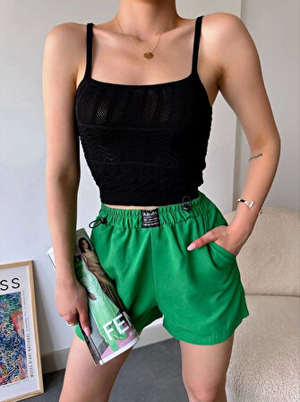 Armalı keten şort yeşil s251003